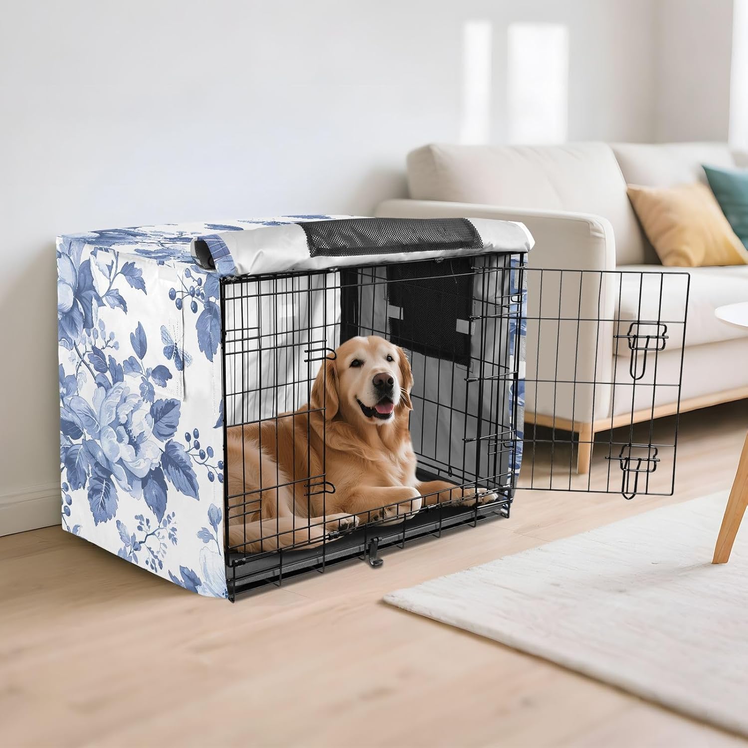 Blue and White Floral Dog Crate Covers S-XL Wind-Resistant Pet Crate Cover with Roll-up Sides, Reduces Barking, Large