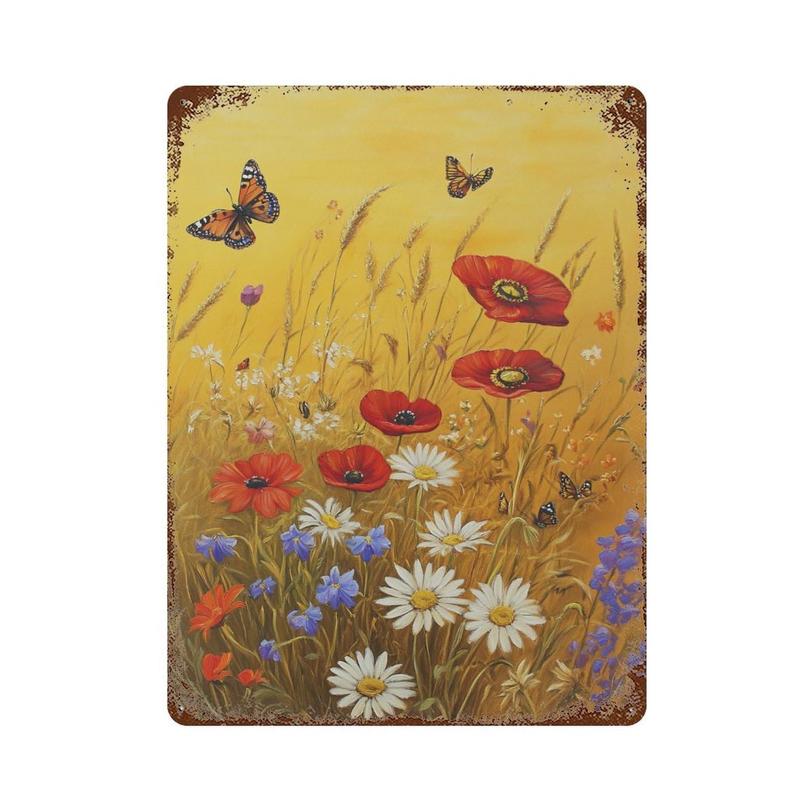 Rust Effect Wildflower Field with Butterflies -1 Rusty Metal Tin Sign 15.7"x11.8", Old School Wall Decor for Basement, Hobby Room And Garage Decor