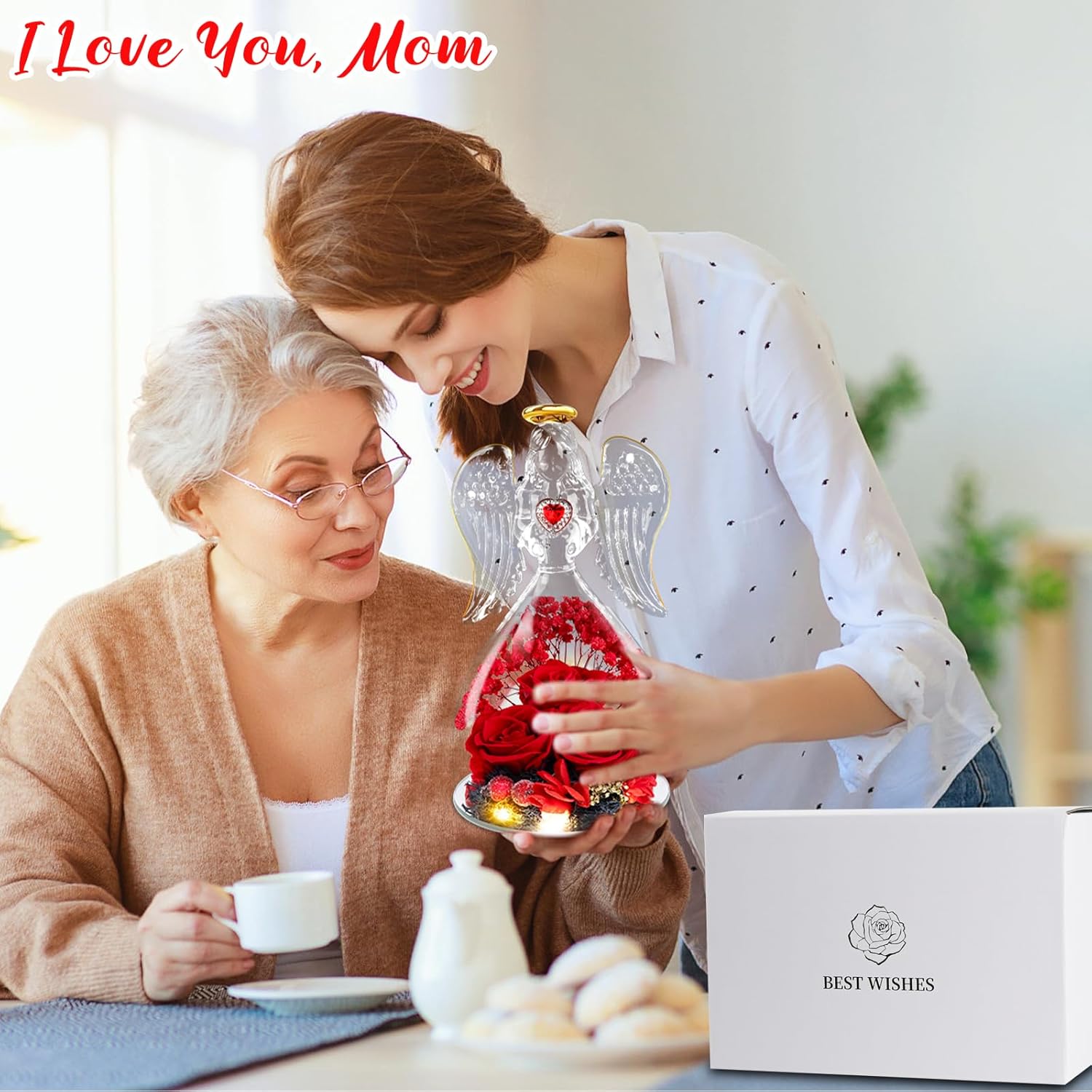 Gifts for Mom Birthday, Glass Angel with Real Rose Inside, Preserved Rose Angel Gifts for Women, for Mom from Daughter Son, Red Forever Flowers Gift for Grandma Wife Girlfriend