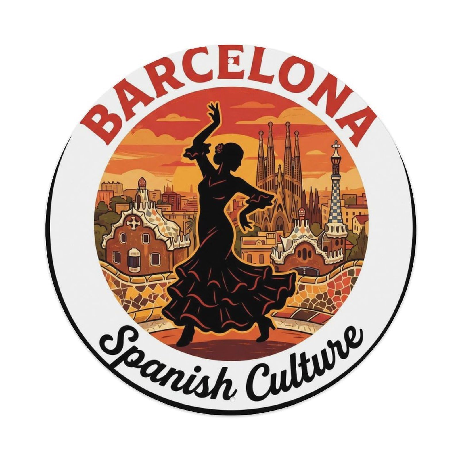 Vintage Travel Barcelona Flamenco Spanish Culture Metal Tin Sign Plaque Wall Decor for Cafe, Club, Garden Round Metal Poster 8x8Inch