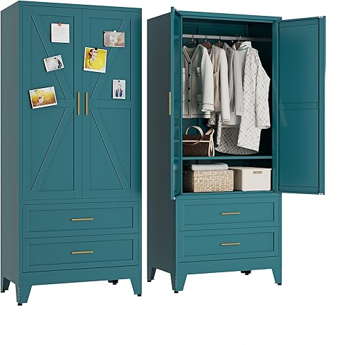 Miniatura 17 de Armario de metal Guardarropa Closet con Barra para Colgar, 71'' Gabinete Guardarropa de Metal con 2 Puertas y 2 Estantes Ajustables, Armarios de
