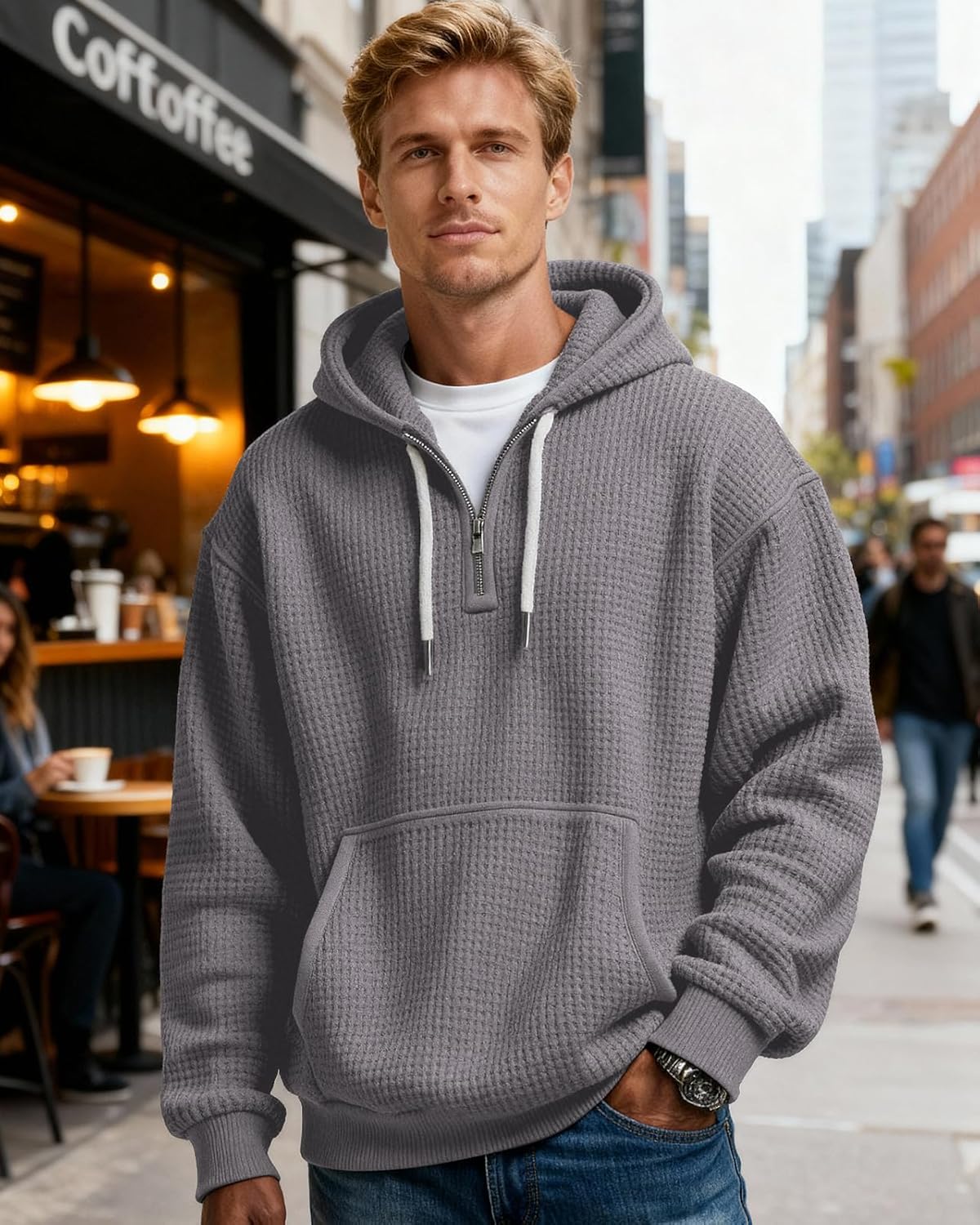 PIDOGYM Men's Quarter Zip Hoodie Waffle Knit Pullover Long Sleeve Casual Loose Fit Sweatshirt Hooded Tops with Pockets - Image 5