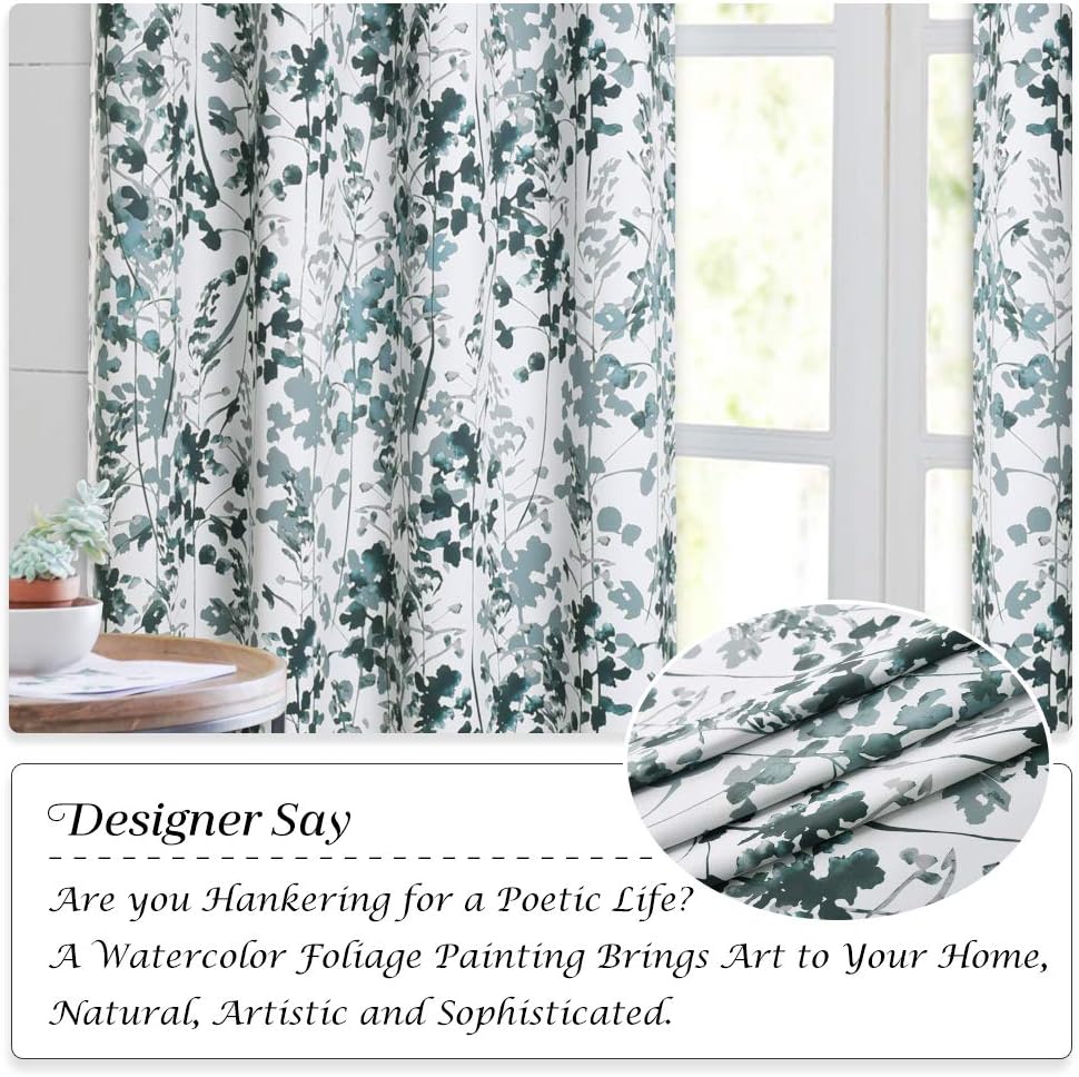 KGORGE Half Window Curtains for Kitchen - Country Curtains Watercolor Painting Thermal Insulated Room Darkening Draperies for Bedroom Dining Bathroom, 2 Panels, W 52 x L 36, Green