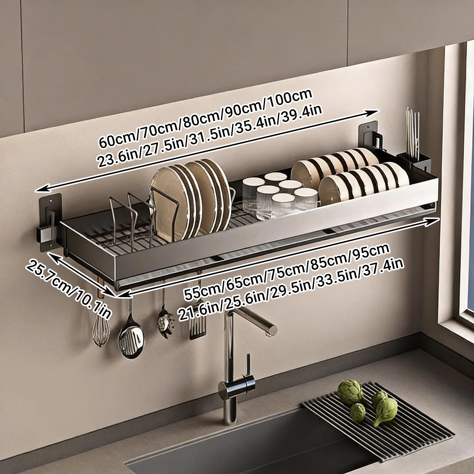 Escurridor de platos para colgar sobre el fregadero, estante colgante de acero inoxidable para platos, vasos y cubiertos, almacenamiento multifuncional que ahorra espacio, diseño de 60 cm