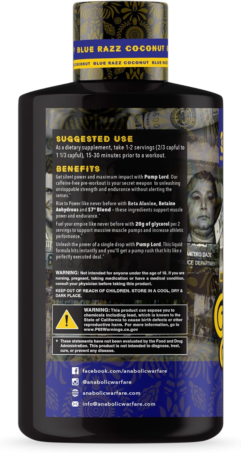 Anabolic Warfare Pump Lord Muscle Pump Supplement Caffeine Free Pre Workout with Glycerol, Beta-Alanine, Betaine Anhydrous (Blue Razz Coconut - 32 Servings)