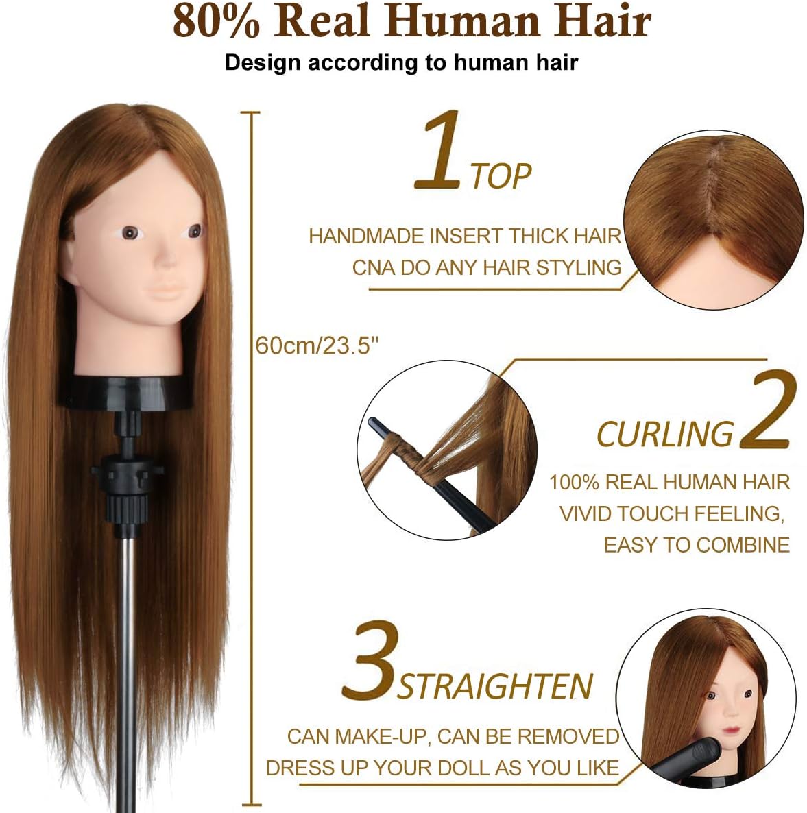 Mannequin head with hair length measurement and styling features