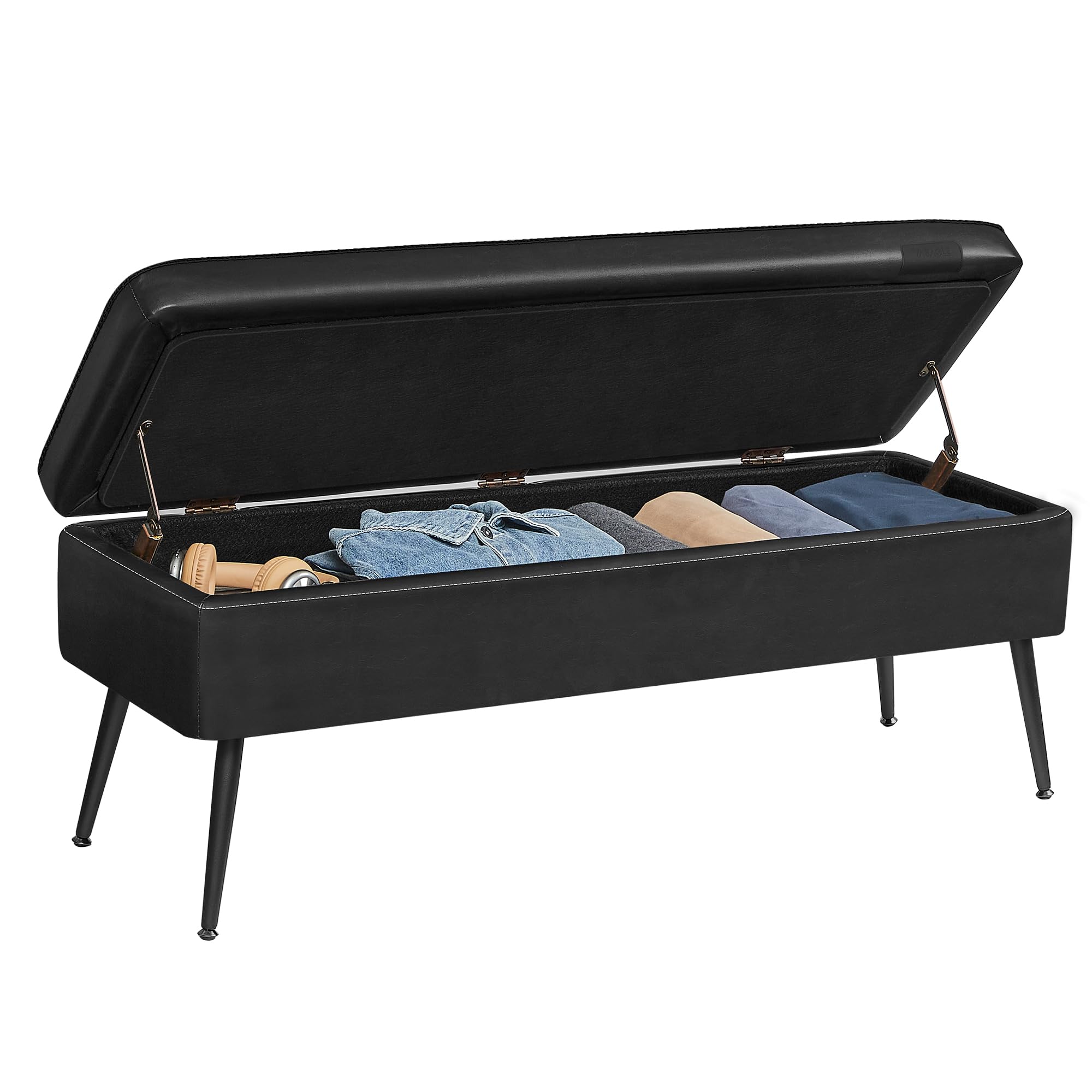 VASAGLE EKHO Collection - Storage Ottoman Bench, Entryway Bedroom Bench, 15 Gallons, Synthetic Leather with Stitching, Mid-Century Modern, Safety Hinges, Loads 660 lb, Ink Black ULOM074B01