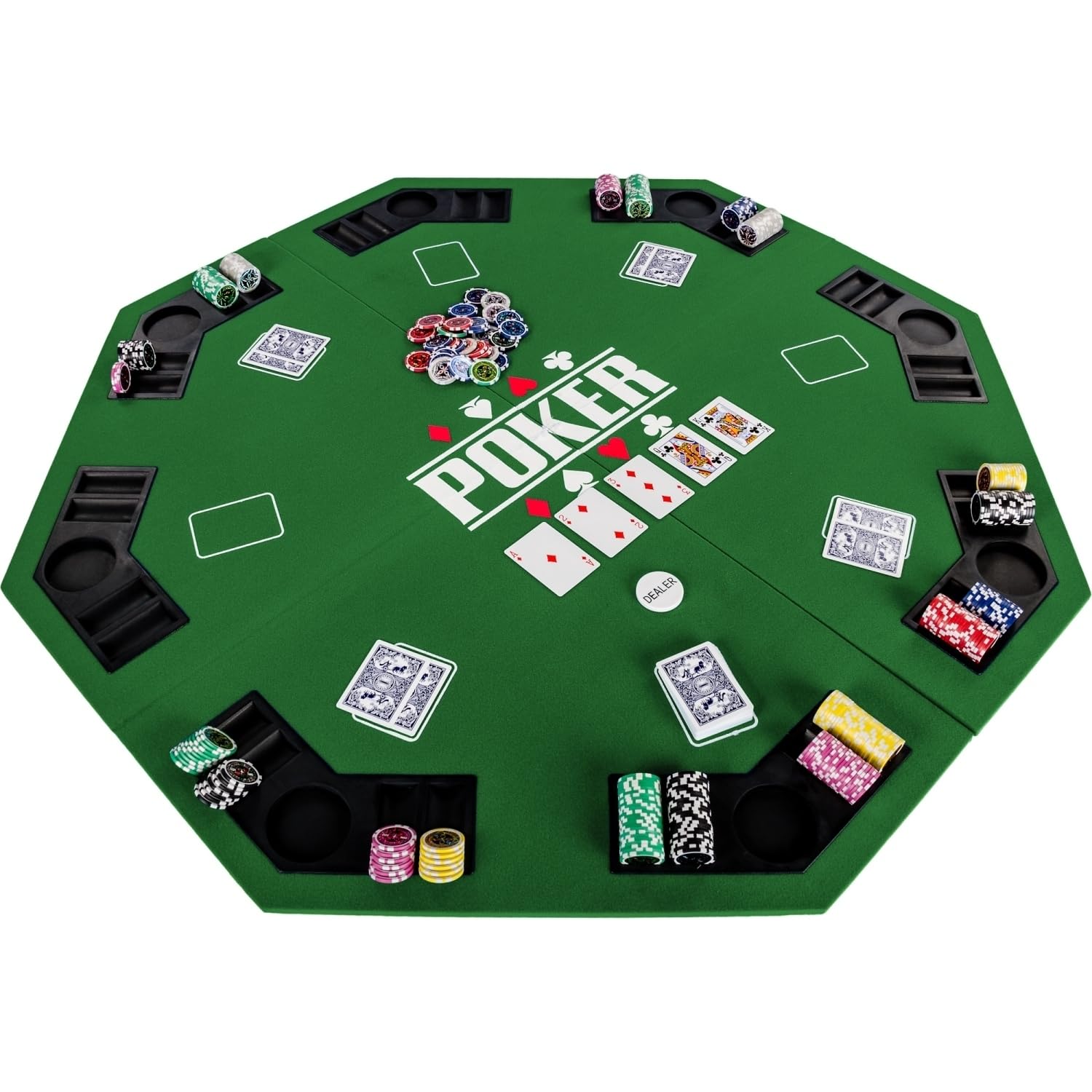 GAMES PLANET Faltbare Pokerauflage Full House 120x120 cm achteckig MDF 8 Getränkehalter 8 Chiptrays grün
