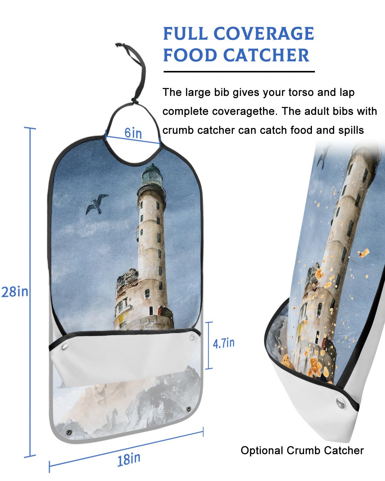 Light-House Adult Bib for Eating with Crumb Catcher,Washable & Waterproof Terry Cloth Adjustable Elderly Women Men Adult Bibs Funny Apron Clothing Protector Ocean Seabird Summer Beach Sea Gull