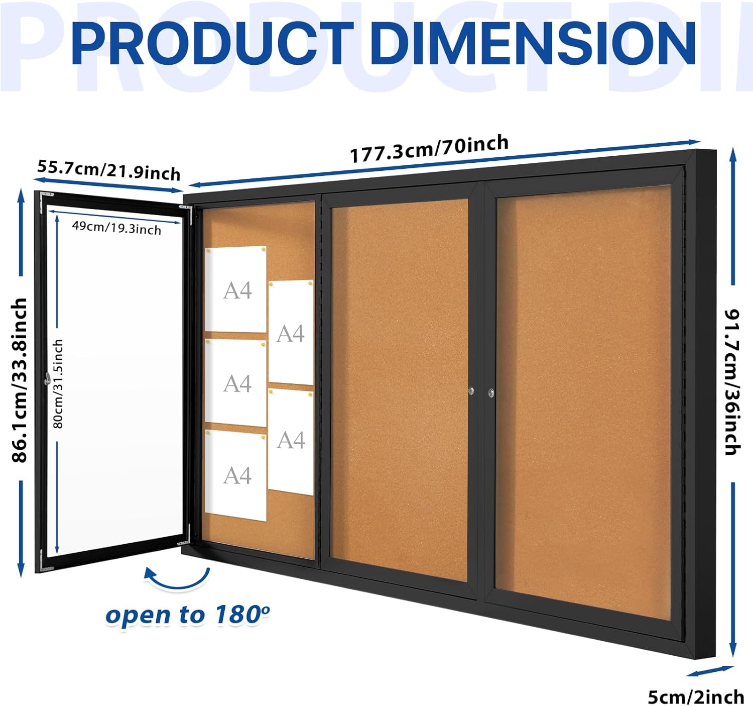 SWANCROWN Outdoor Bulletin Board 70x36in, Enclosed Bulletin Board with Locking Door for Office School Commerce, Cork, Black Aluminum Frame