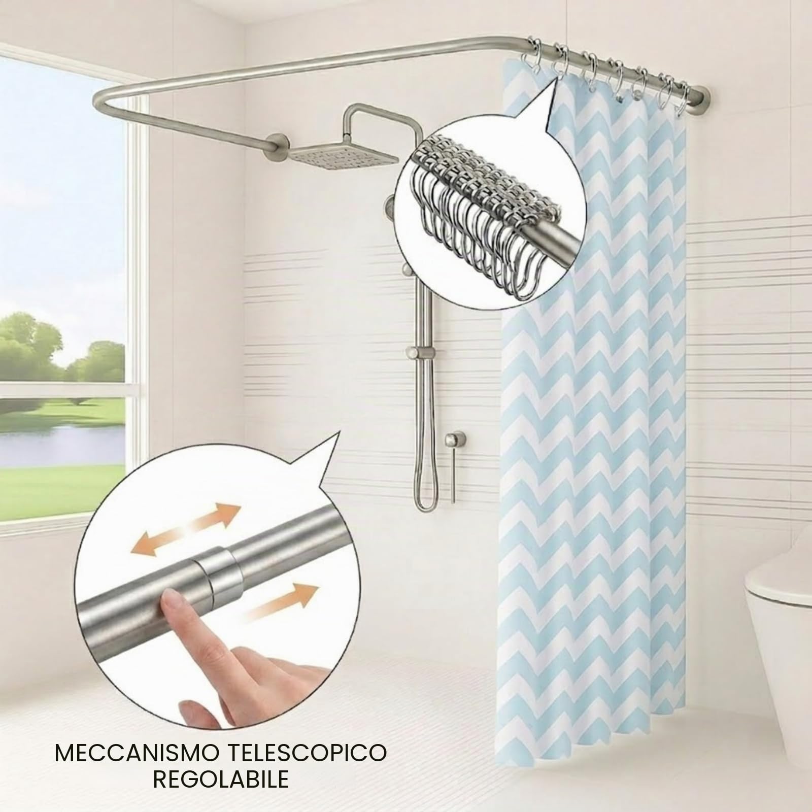 Palo per tende da doccia telescopico a forma di U/L, palo per tende da doccia ad angolo in acciaio inossidabile 304, anti-rugghia e durevole, con 12 anelli per tende da doccia 75X(150-190) X75cm