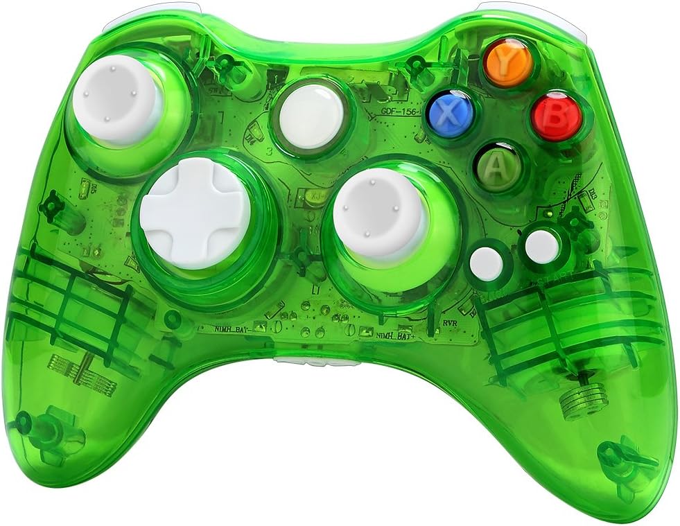 Uniway Xbox 360 wireless controller, XC03 transparent Xbox controller wireless PC Gamepad with LED-Green