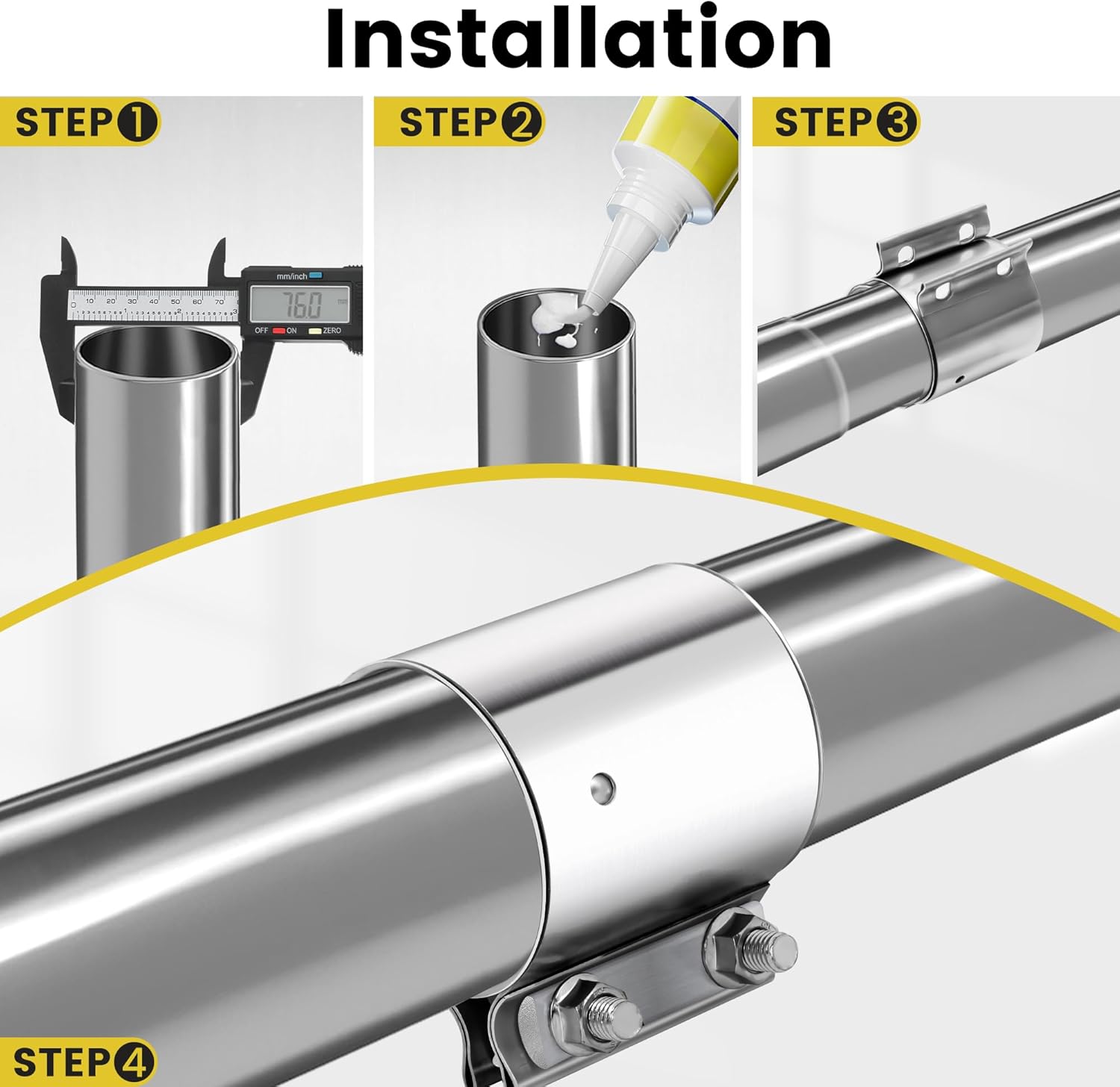2 Pcs 3.0 inch Exhaust Clamp Butt Joint 304 Stainless Steel Band Clamp Sleeve Couple Catalytic Converters，Muffler (2, 3.0 inch)