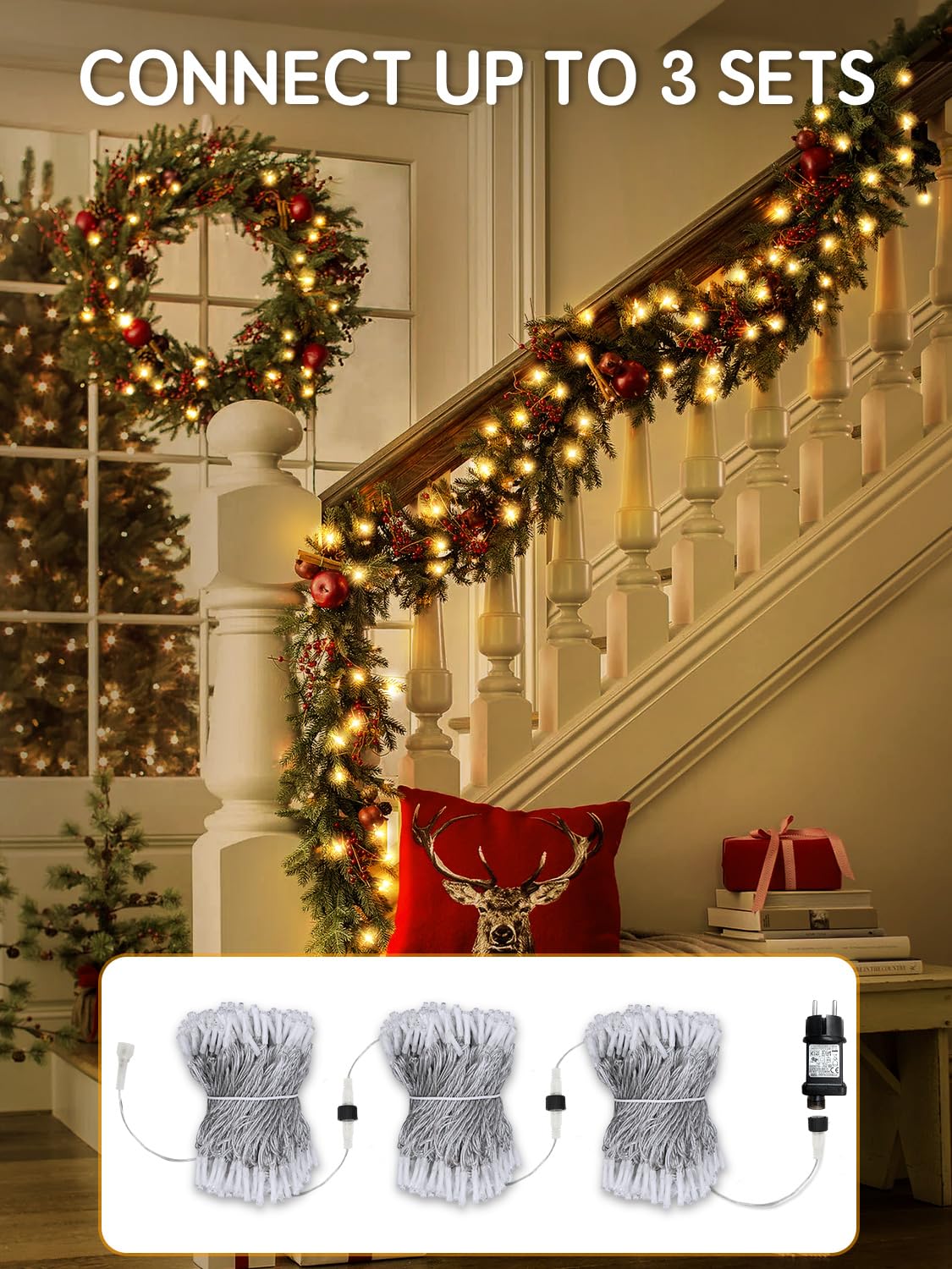 Guirlande Lumineuse Noël 35m 300 LED étanche IP65 - 8 Modes Pour Intérieur Et Extérieur, Blanc Chaud