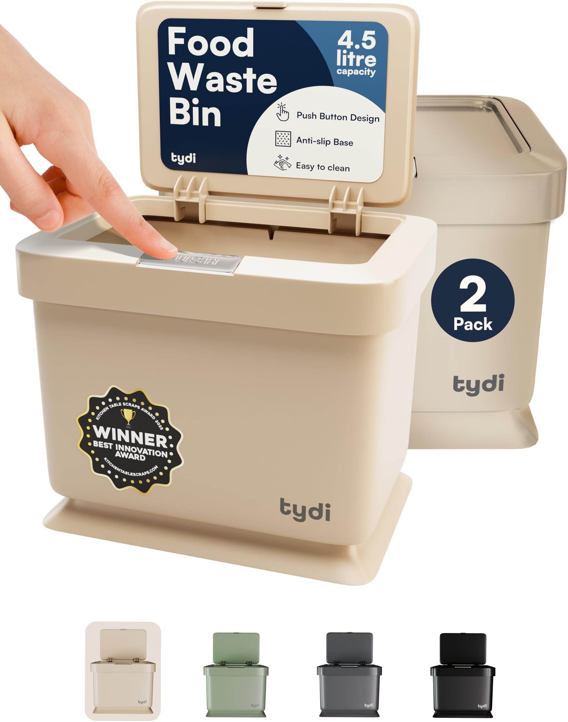 Tydi 4.5L Food Waste Bin with Press-Button Lid (2 Pack) – Compost Bins for Kitchen - Anti-Slip Base and Secure Lid Kitchen Compost – Small Indoor Caddy for Cupboard or Countertop – Taupe