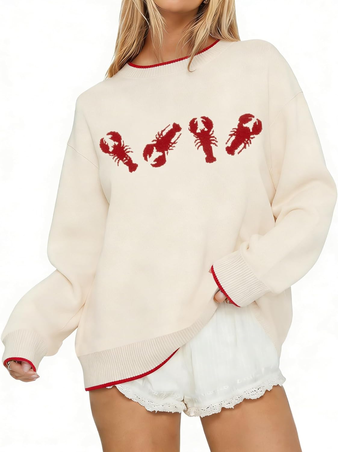 Graphic Sweaters for Women Lobster Graphic Pullover Knitted Sweater Vintage Crewneck Sweatshirt Cute Y2k Pullover Tops