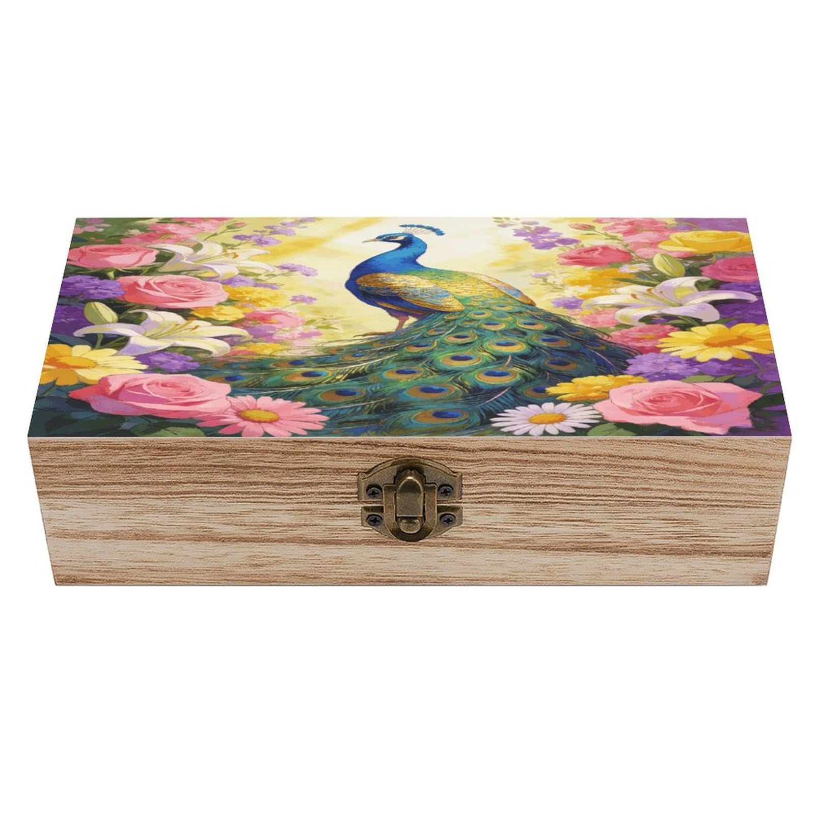 Khauerbc Men's Style Colorful Peacock With Floral Background Locked Wooden Keepsake Box With Hinged Lid For Crafts And Photo Storage,Keepsake Box Jewellery Organiser Unique Gift Ideas For & Wo