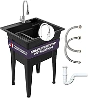 Vista 1 de Fregadero de servicios independiente con grifo de cuello de cisne de acero inoxidable - Fregadero de servicios de plástico de 24" para garaje