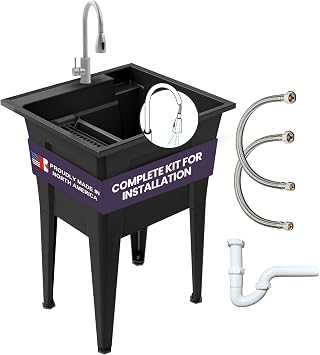 Freestanding Utility Sink with Stainless Steel Gooseneck Faucet - 24" Black | Indoor and Outdoor Use, 19.5 Gal Capacity, Rust Proof, Adjustable Legs, Easy-to-Install, Pull-Out Faucet