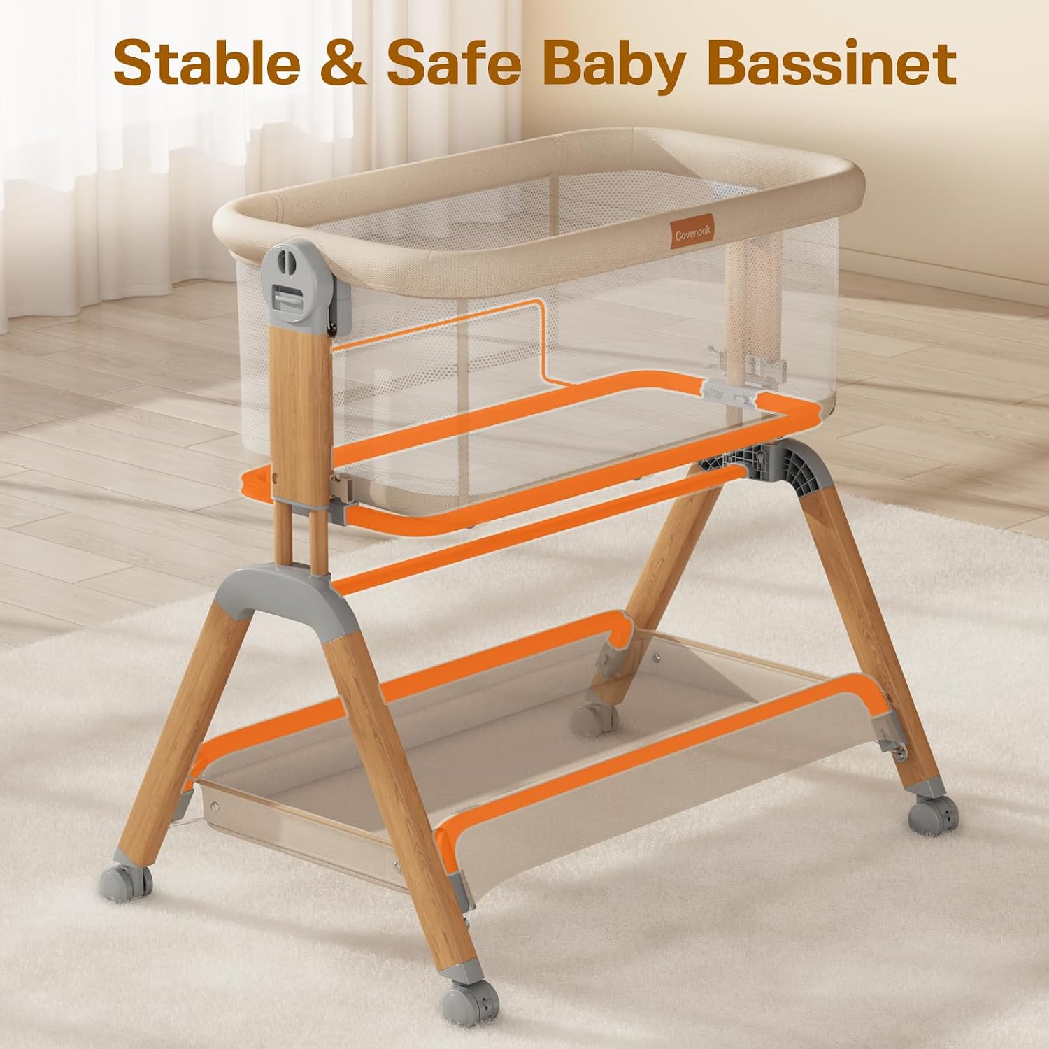 3 in 1 Baby Bassinet Bedside Sleeper, Gentle Rocking Bassinet with Wheels, 5 Adjustable Heights, Full Breathable Mesh, Soft Mattress & Storage Basket, Stable and Secure Crib for Newborns