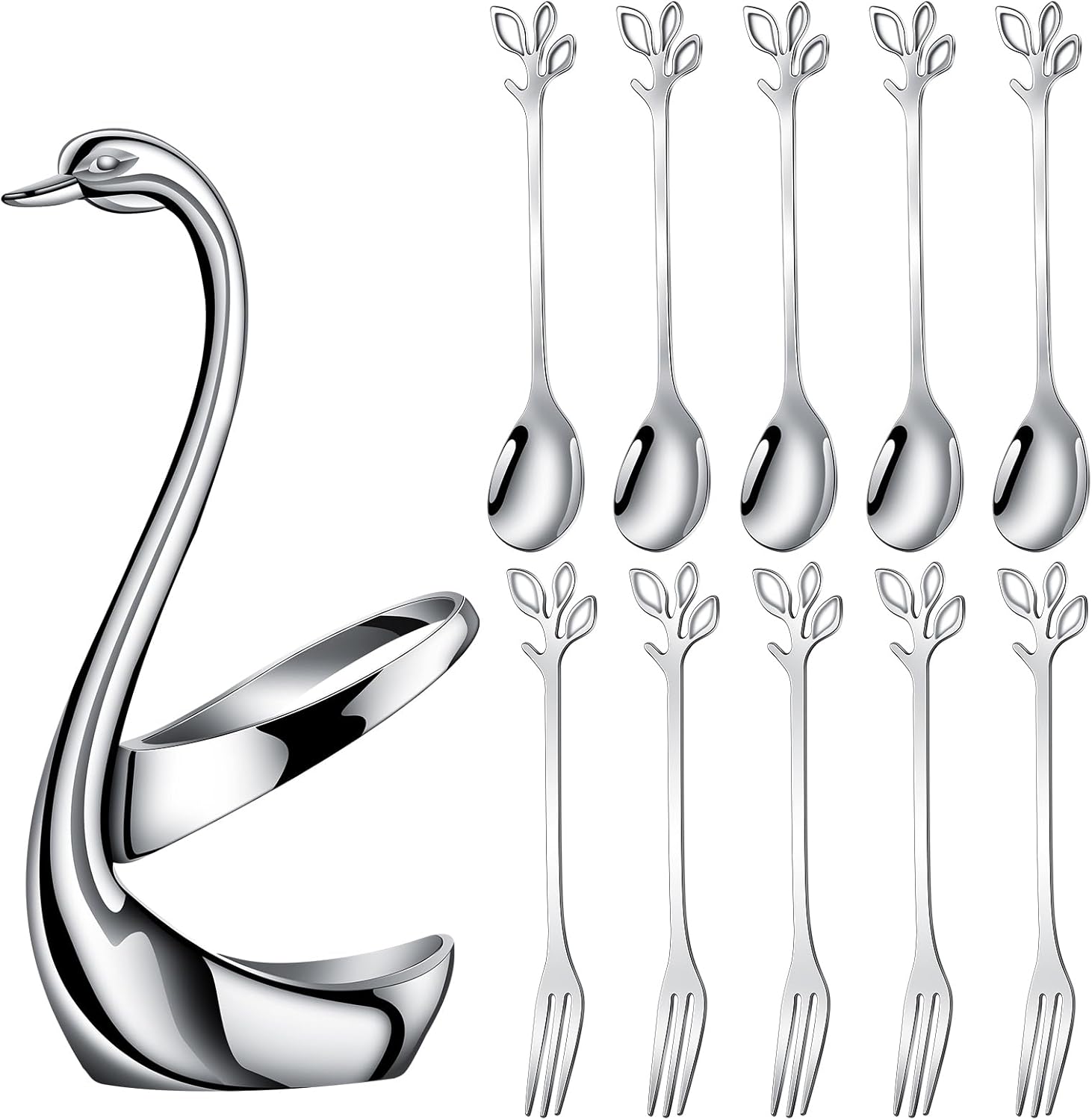 AnSaw Silver Swan Base Holder Set with 10 Pcs 4.7" Mini Leaf Teaspoons & Dessert Forks - Perfect for Appetizers,Salads,Cakes,Fruits,Cocktails,Tea,Espresso - Beautify Your Charcuterie Board Layout
