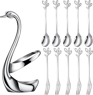 AnSaw Stainless Steel Silver Creative Dinnerware Set - Decorative Swan Base Holder with 5 Forks and 5 Spoons for Coffee, Fruit,Dessert,Stirring, Mixing, Sugar, Stir, Ice Cream, Cake, Teaspoon (Silver)