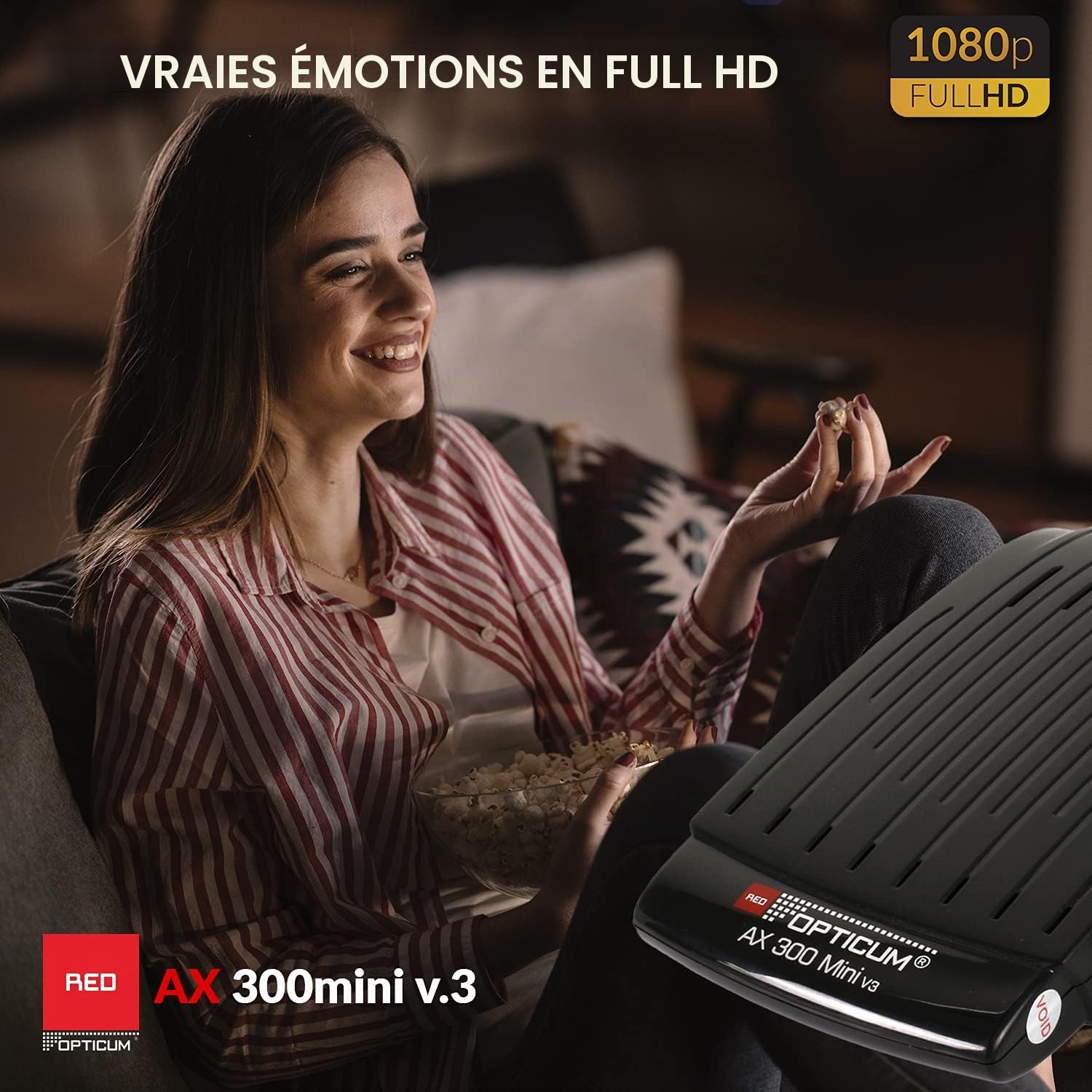 RED OPTICUM AX 300 Mini V3 avec Fonction d'enregistrement PVR - Récepteur Satellite HD numérique/capteur IR Externe avec écran/Alimentation 1080p Full HD/USB/HDMI/12V Noir