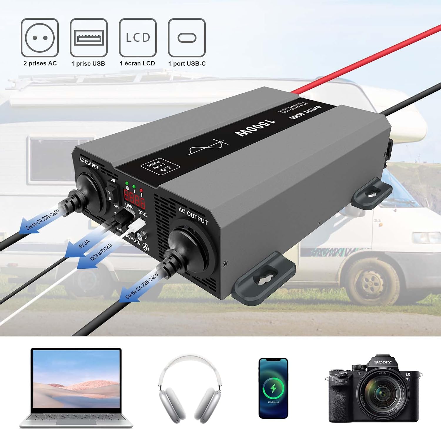 DATOUBOSS 12V 1500W Pure Sine Wave Inverter with multiple output ports and connected devices