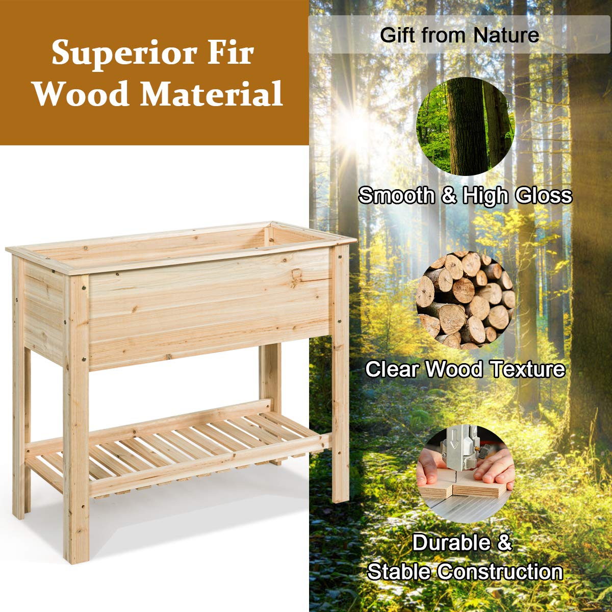 GOPLUS Huerto Urbano de Flores, Maceta de Cultivo de Madera de Abeto con Estante & Gran Superficie, Cama Elevada para Verduras y Flores, Jardinera para Balcón Patio Exterior, 92 x 41 x 81 cm