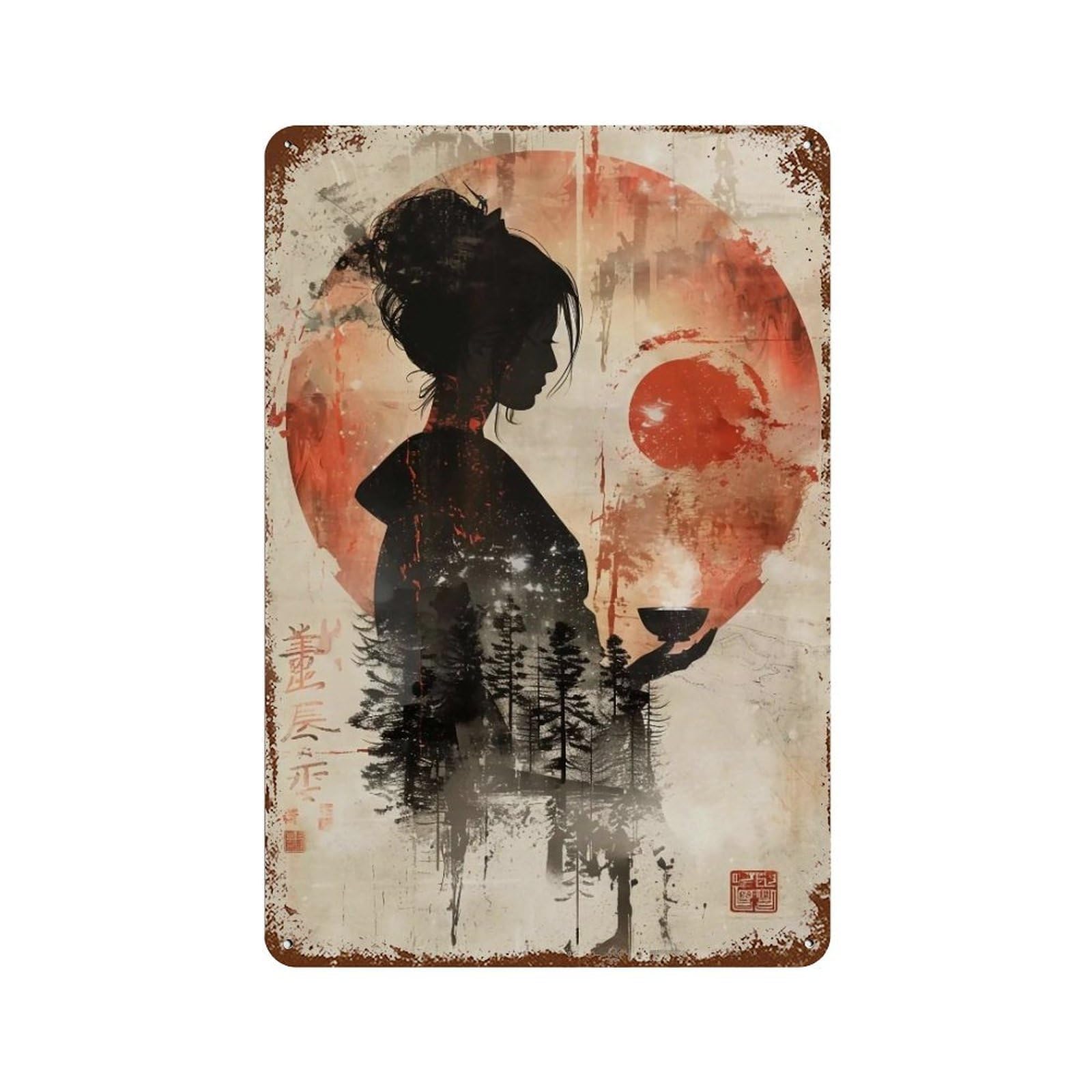 YHGERTKU Japanese Woodblock Print Zen Woman Steaming Tea 02 Wall Art Retro Iron Vintage Metal Tin Sign Poster Modern Decor for Living Rooms Gift 30x20cm