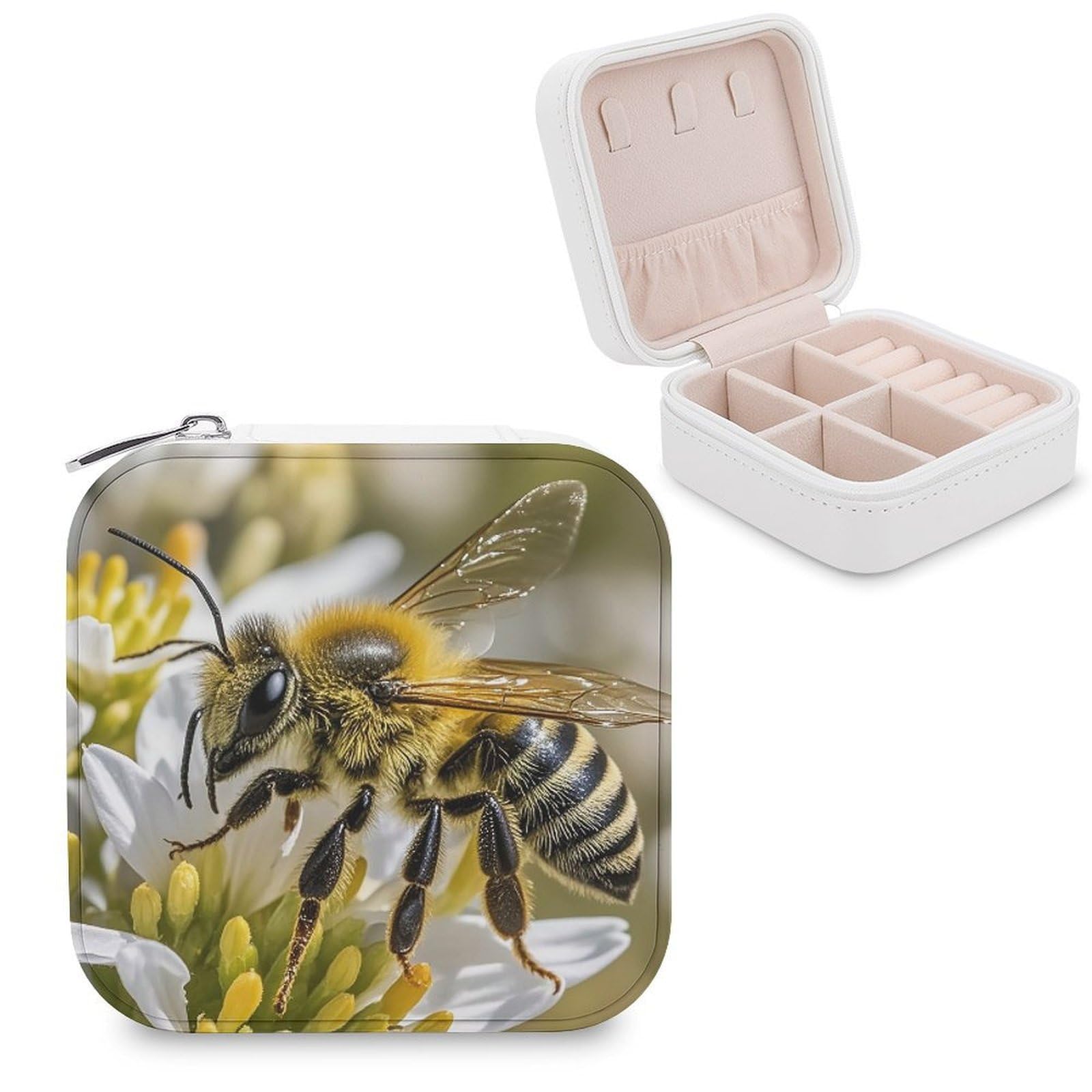 FekiLoot Honey Bee Travel Jewelry Box Small Jewelry Organizer Storage Case Portable PU Leather Mini Jewellry Travel Case Necklace Ring Storage Organizer Gift for Women