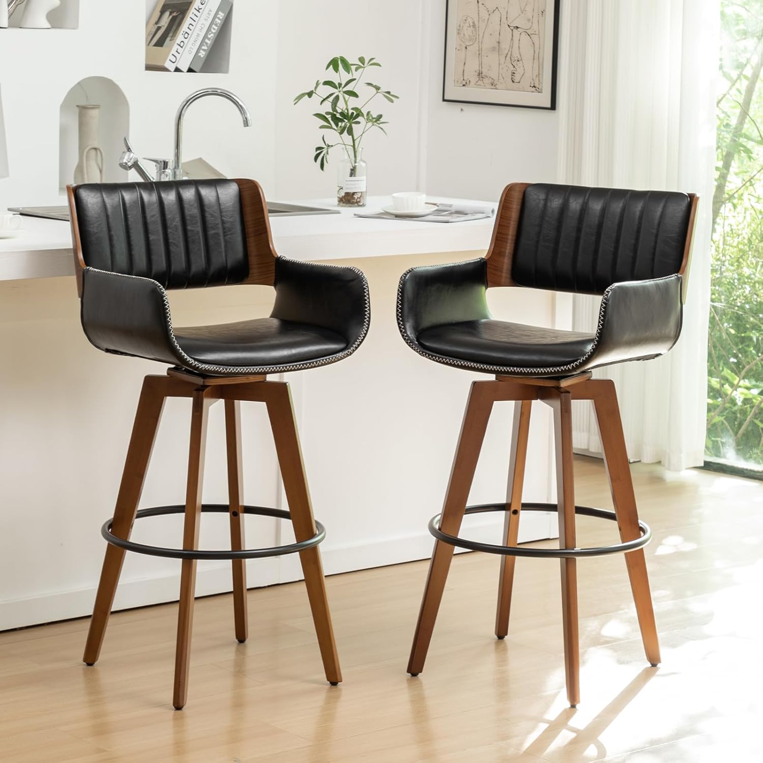 MEKLIBA Beige Bar Stools Set of 2, 30 Inch Bar Stools Bar Height,Swivel Barstool with Backs and Arm Rest，Faux Leather Bar Chairs, Mid Century Modern Stools for Kitchen Island