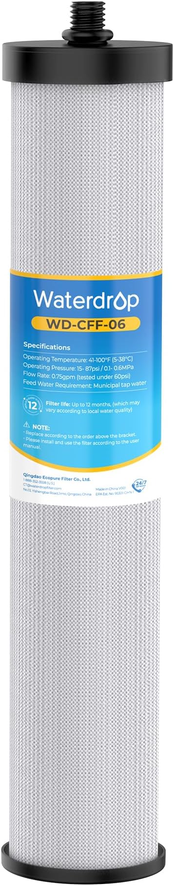 Waterdrop WD-CFF-06 Replacement Filter, Countertop Water Filter, 8000 Gallons Longer Filter Life, Reduces PFOA, PFOS, Chlorine, Sediment, 1 Pack