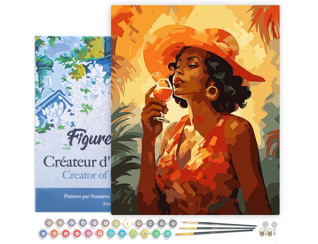 Figured'Art Peinture par Numéro Adulte avec Cadre Femme buvant un verre Art Déco - Activité Manuelle Kit de Loisir Créatif DIY Numéro d'Art Complet - 40x50cm toile tendue sur châssis