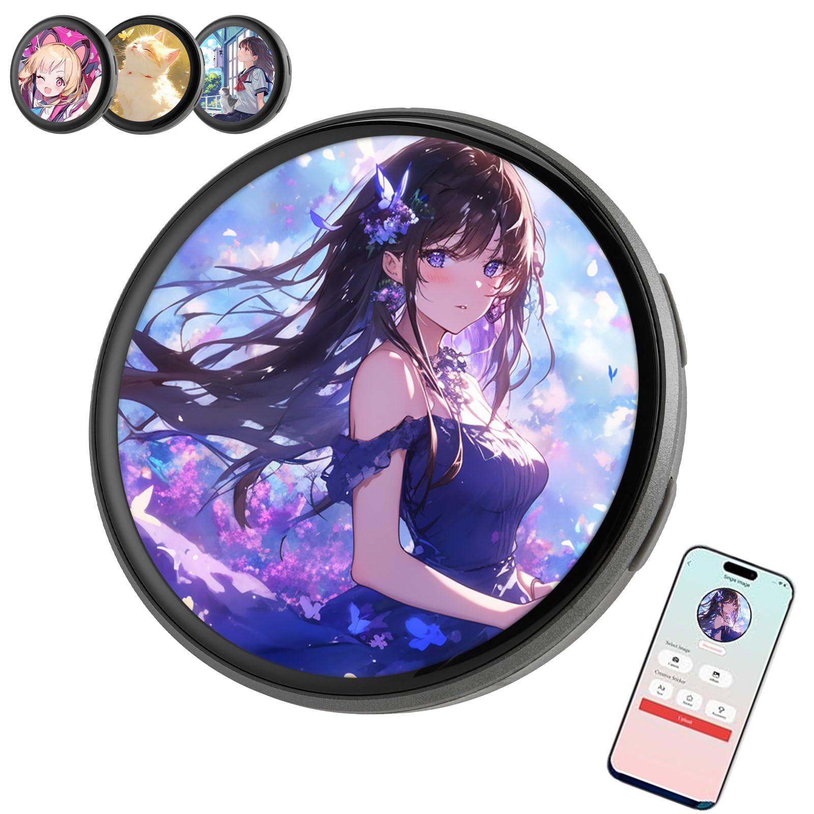 Insignia electrónica, alfileres de anime compatibles con imágenes y vídeos para mochilas, broche de pantalla táctil para mochilas, música, eventos escolares festivos (negro)