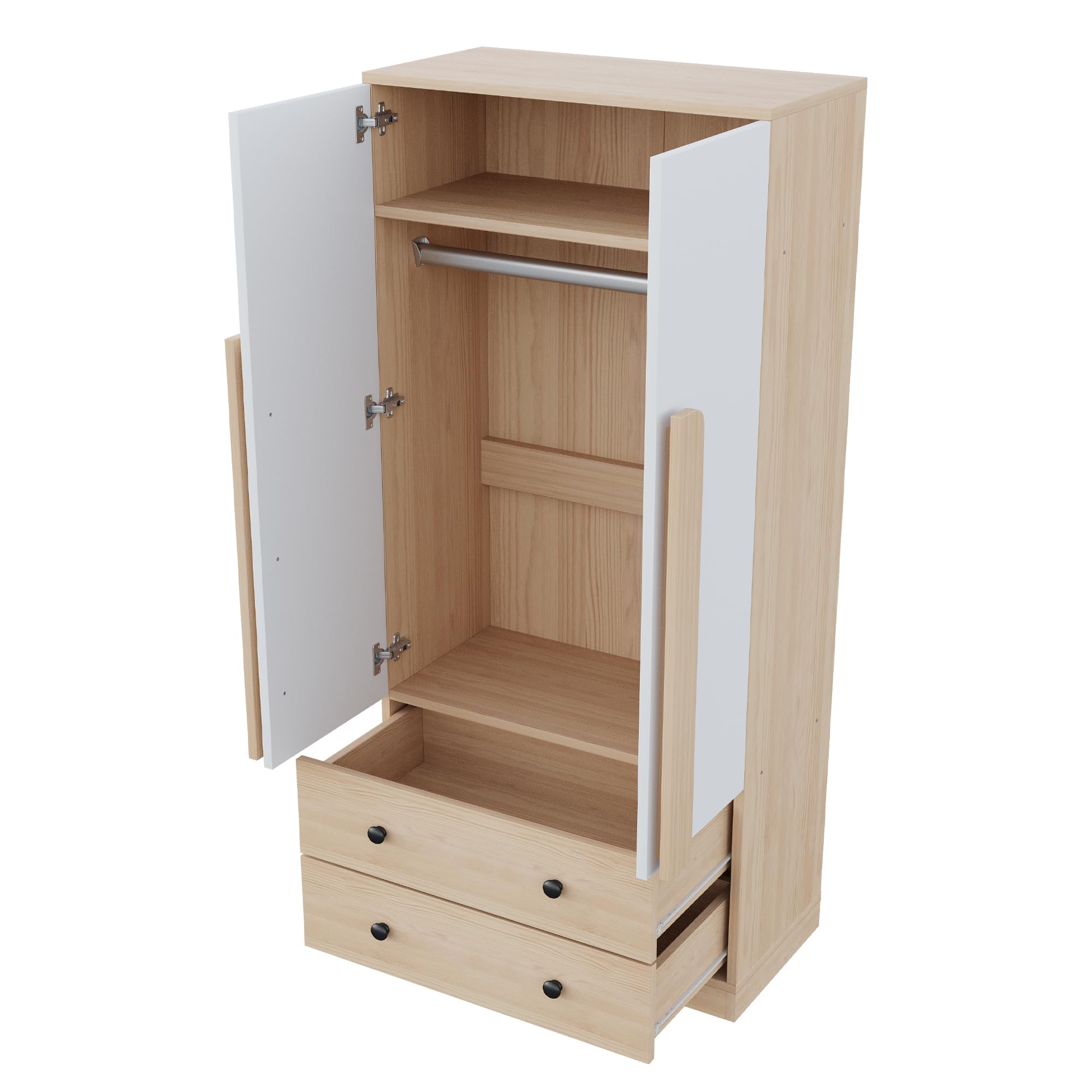 Armadio 70 x 40 x 170 cm, design a doppia ante, con cassetti e ripiani, colore legno + bianco