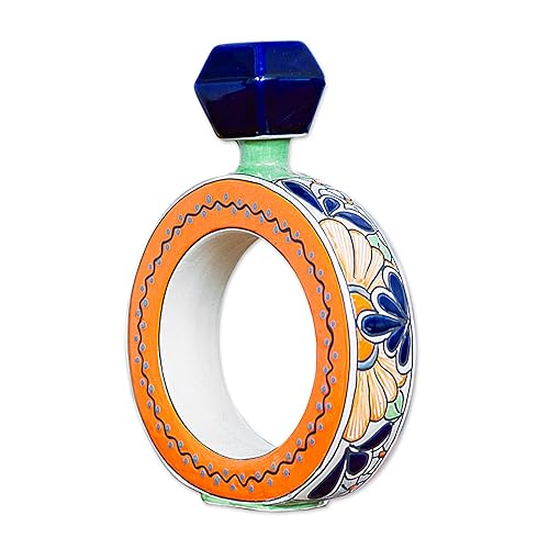 NOVICA Artisan Handmade Ceramic Tequila Decanter - Blue Orange Ring