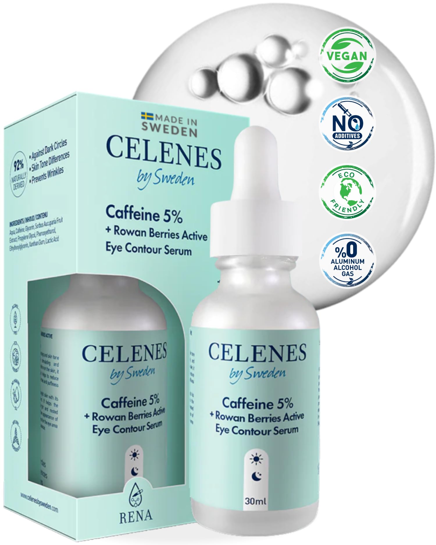 Eye Contour Serum, Antioxidant+Caffeine+Rowanberry - Caffeine Eye Serum for Dark Circles & Under Eye Brightener - Alcohol/Parfum/Paraben Free Eye Bags Remover Men and Women, 30ml