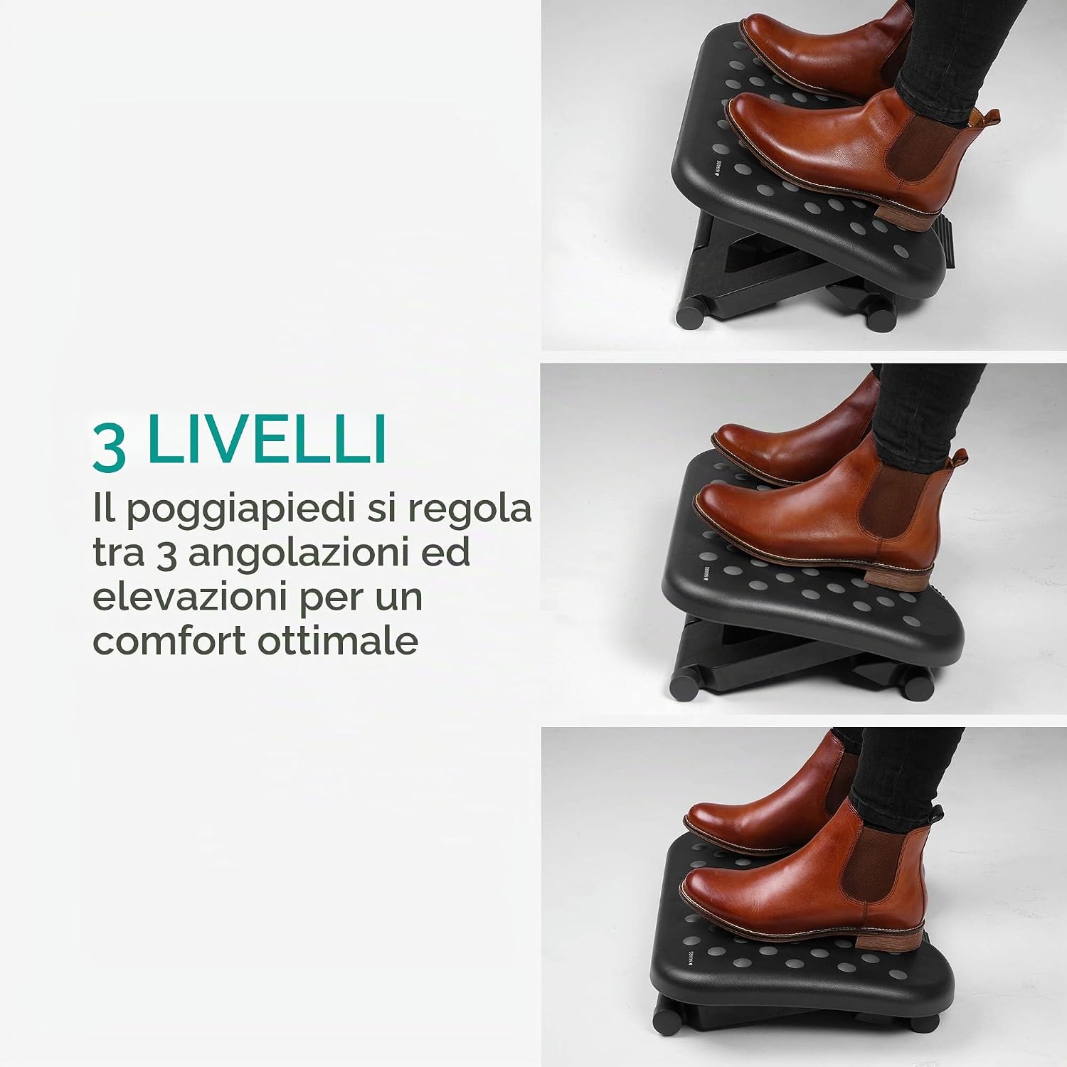 Image showing three different height adjustments of the Navaris footrest with feet on it