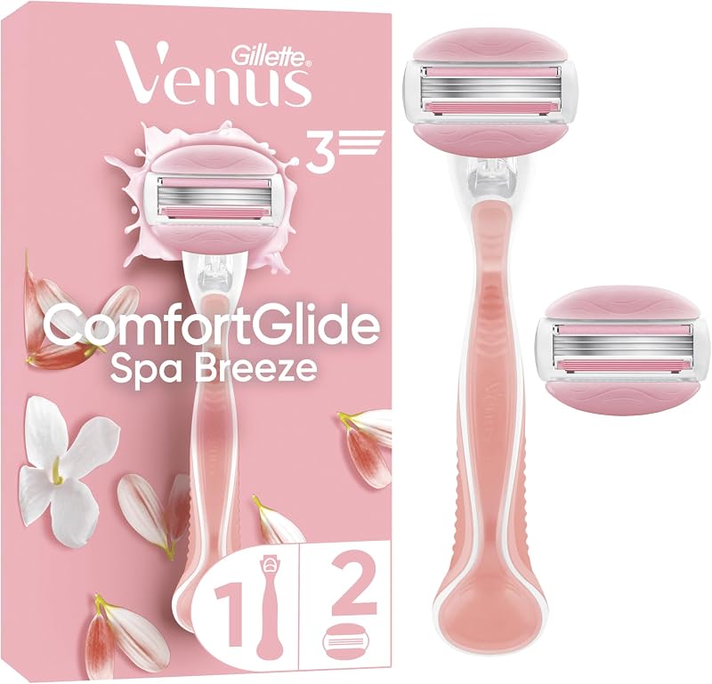 Gillette Venus rasoir pour femme ComfortGlide Spa Breeze, manche réutilisable, lot de 2 recharges à 3 lames en acier inoxydable, 1 rechange par 30 jours de rasage, conçu pour corps et poils