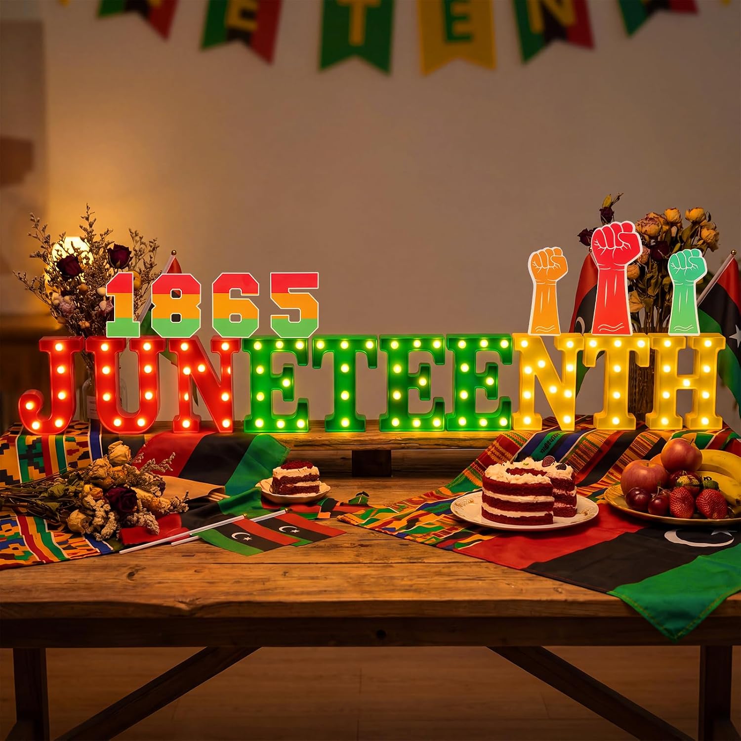 Ganeen 17 Pcs Lighted Juneteenth Table Decoration Plastic LED Juneteenth Table Centerpiece Marquee Light up Letters June 19th 1865 Sign with 1865 Fist Card for Home Mantle Shelf Desktop Tabletop Party