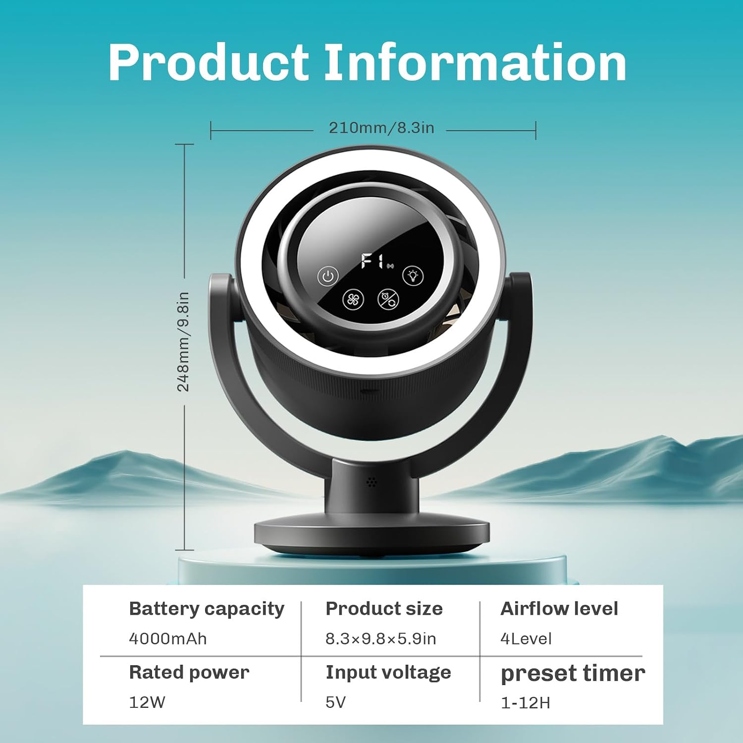 Desk Fans for Bedroom with 4000mAh Rechargeable Battery ,LED Display quiet desktop Fan with Timer, Ultra-Quiet Operation, Night Light Automatic shaking head, Portable Desk Fan for Home Office Camping
