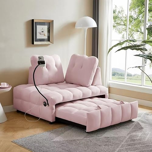 ILYISFMTY 3 in 1 Multifunction Sleeper Sofa Couch Bed Convertible Sofa Pull-Out Bed Velvet 2- seat Lounge Sleeper Sofa Independently Removable backrest Have USB Port and Swivel Phone Stand Pink - Pink