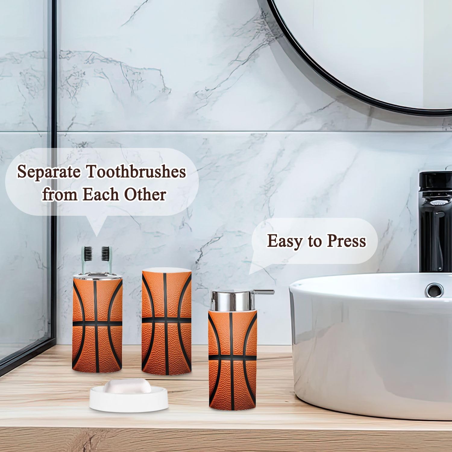 Bathroom Accessories Set 6 Pcs Basketball Toothbrush Holder Cup Soap Dispenser Soap Dish Toilet Brush Holder Trash Can for Countertop Decor