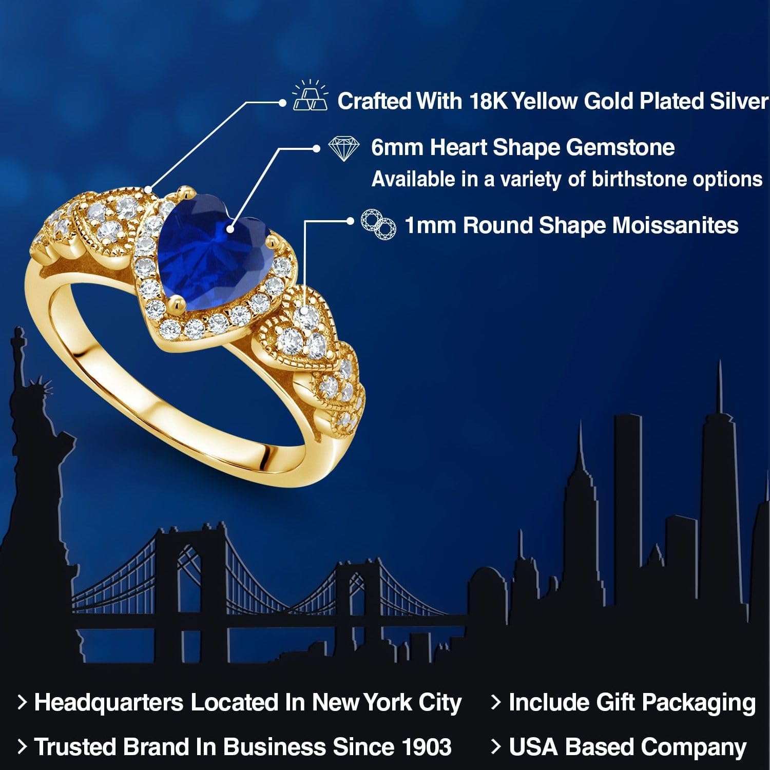 Gem Stone King Heart Halo Ring for Women | 18K Yellow Gold Plated Silver | 6MM Gemstone Birthstone and Moissanite Accents | Wedding Anniversary Engagement Ring