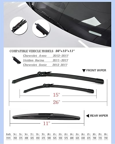Miniatura 2 de Juego de 3 limpiaparabrisas de repuesto para Chevrolet Aveo 2012-2017Holden Barina 2011-2017Chevrolet Sonic 2012-2017, 26 + 15 + 11 pulgadas (juego