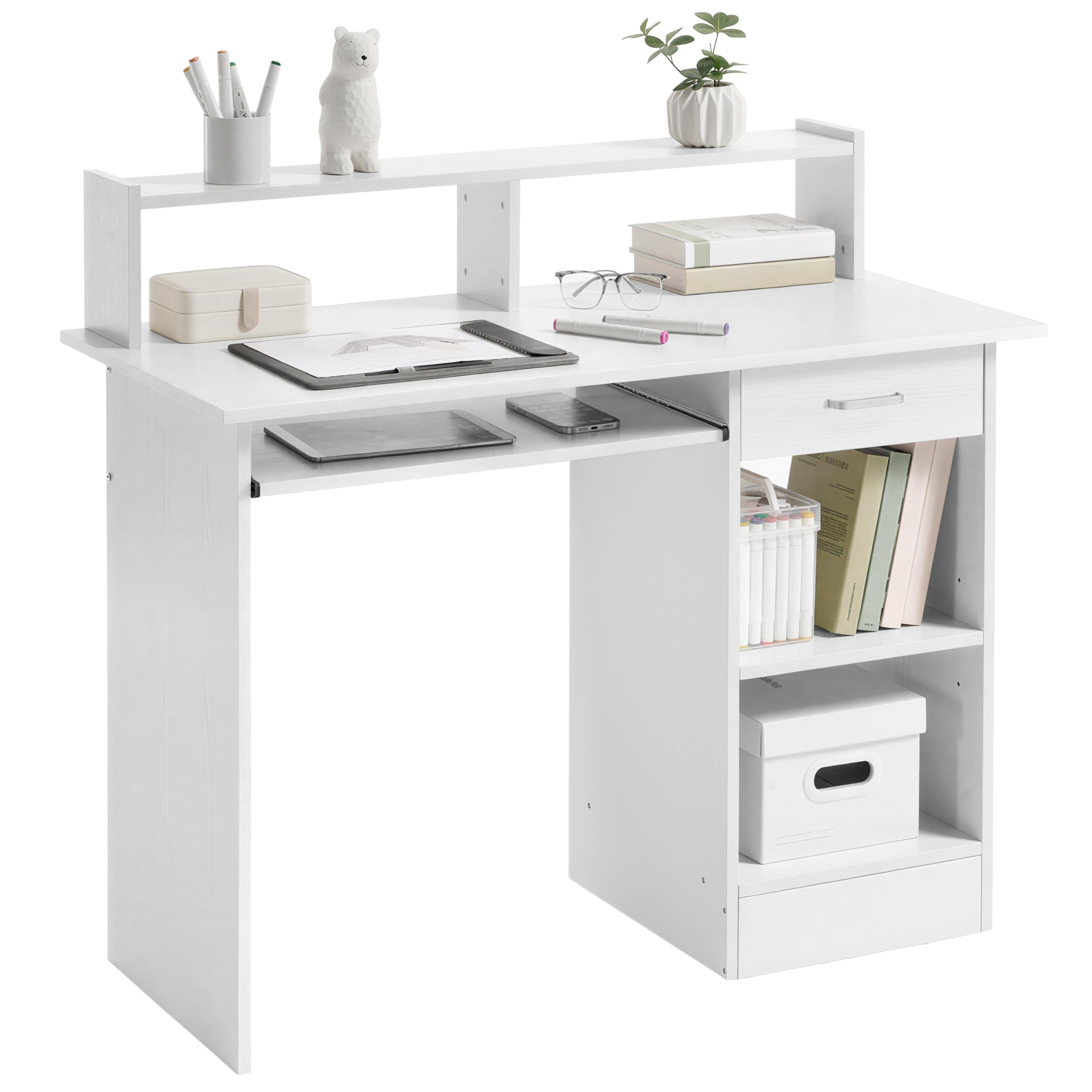 Yaheetech Mesa Ordenador con Cajón Escritorio Oficina con Estantería Blanco | Mesa de Ordenador Reversible con Estante, Escritorio PC para Trabajo para Estudio Oficina Escritorio Gaming 106x50x94cm