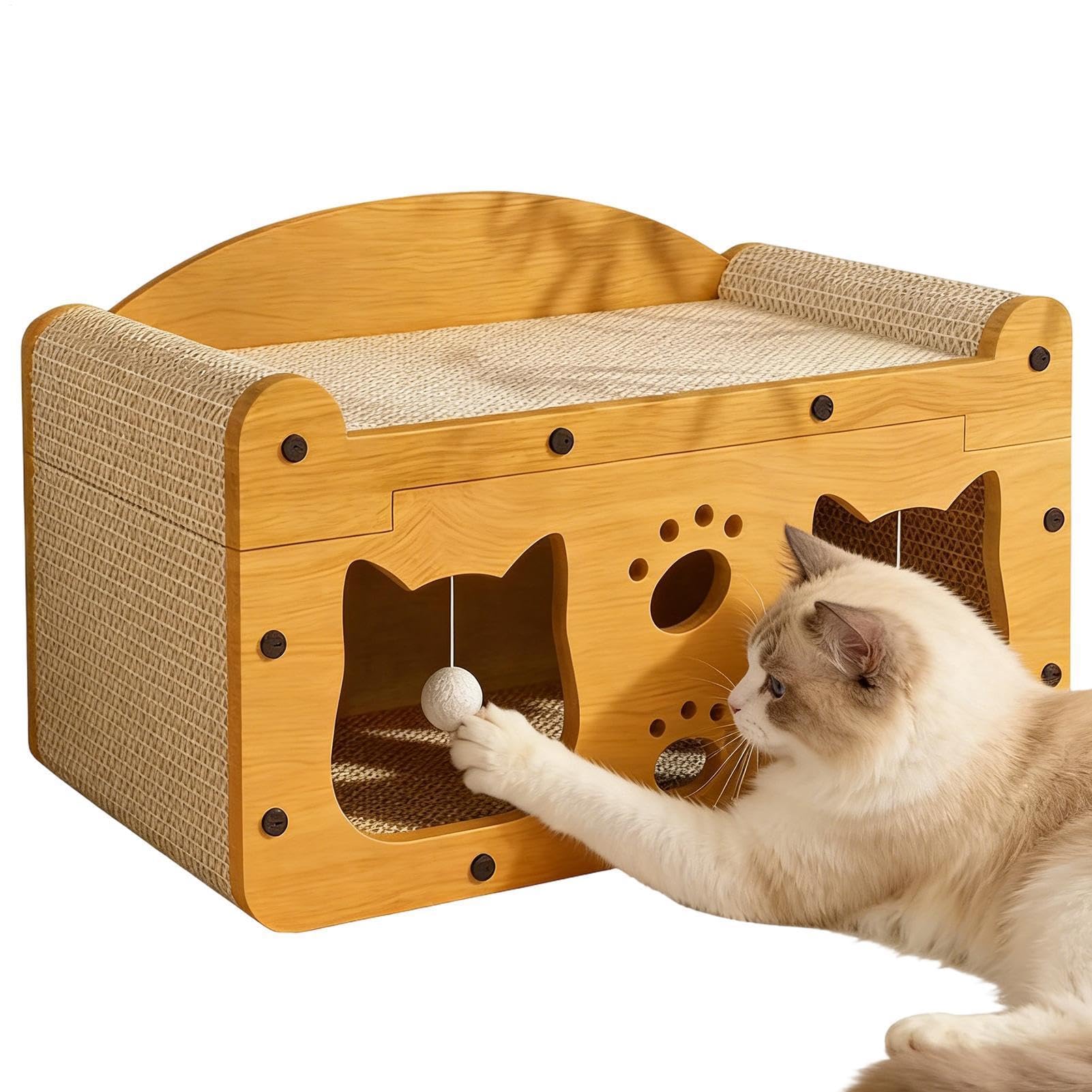 Casa de Cartón para Gatos Antideslizante, Juguete Interactivo | Tablero Rascador para Gatos para Disfrutar en Familia en Interior, Exterior, Salón o Viajes
