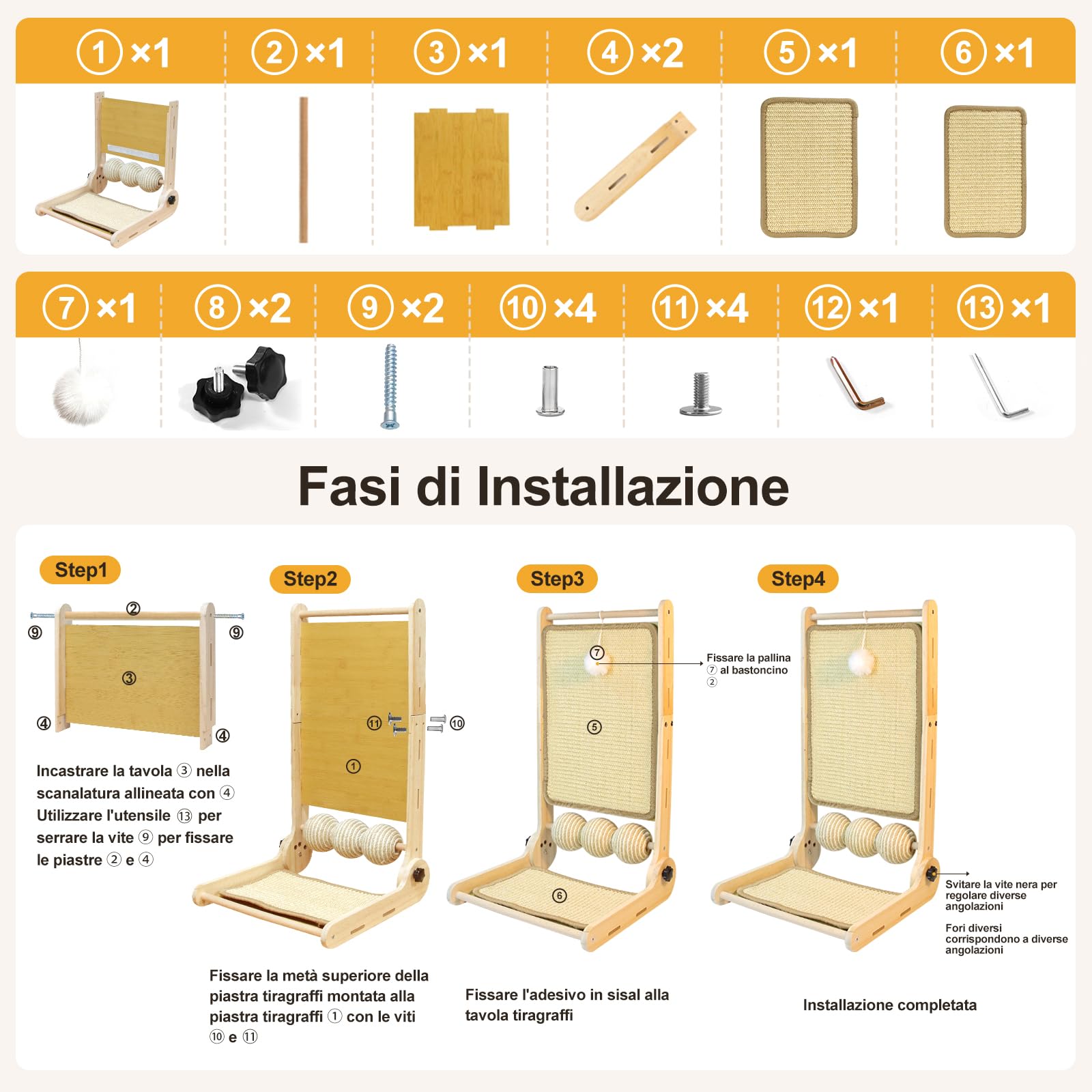 DONWEI Tiragraffi L Verticale 60CM Sisal Pieghevole Stabile | Dotato di palla sisal da gioco, struttura stabile pieghevole protegge pareti e angoli dai graffi
