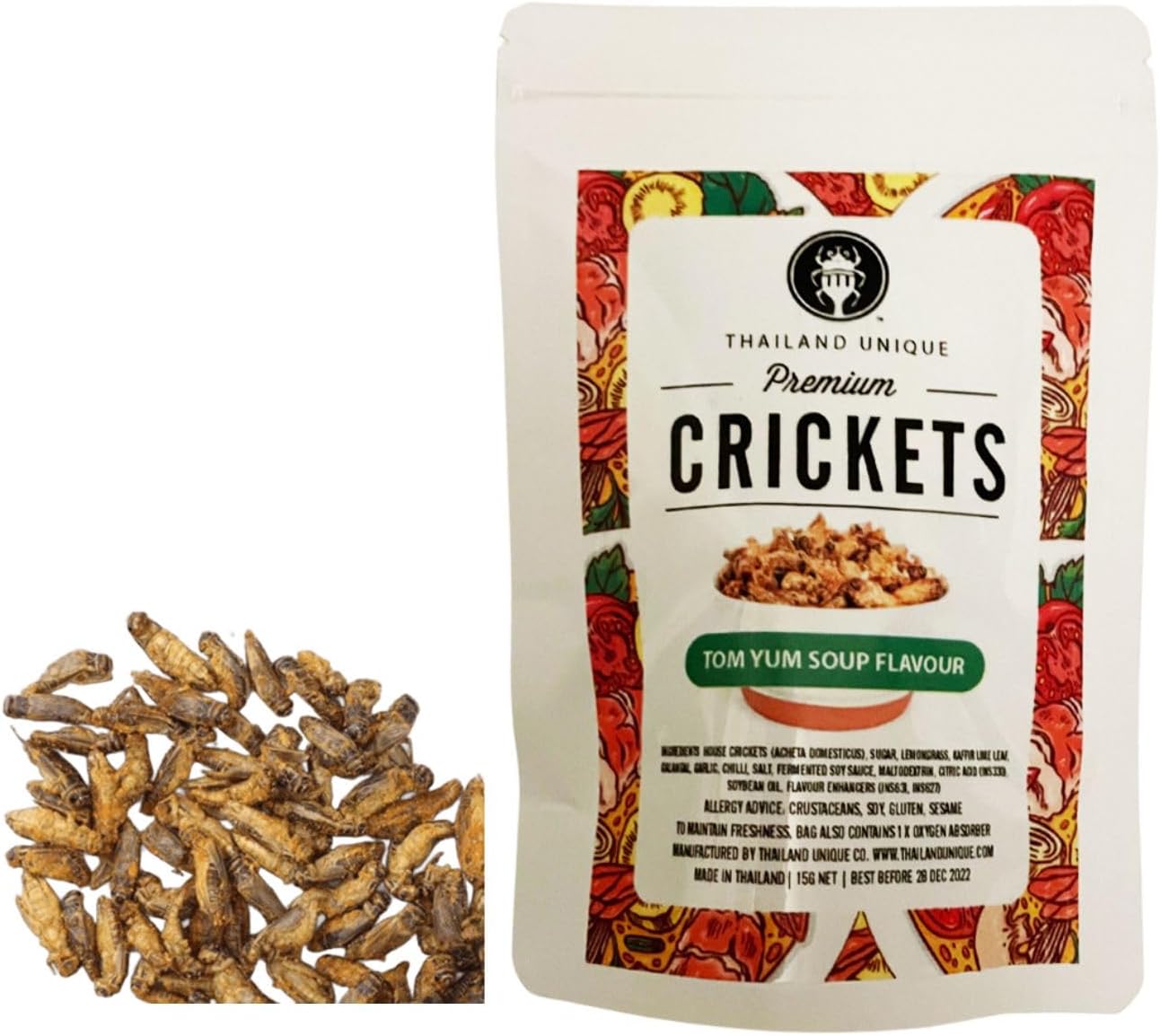 Thailand Unique Tom Yum Seasoned Crickets - 15 Gram Bag of Dehydrated Edible Insects for Humans, Nutritious Bugs Superfood Unusual, Weird Snack Gift